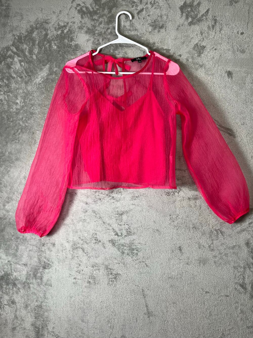Lulus Hot Pink Sheer Tie Back Blouse Coquette Romantic Feminine Long Sleeve S